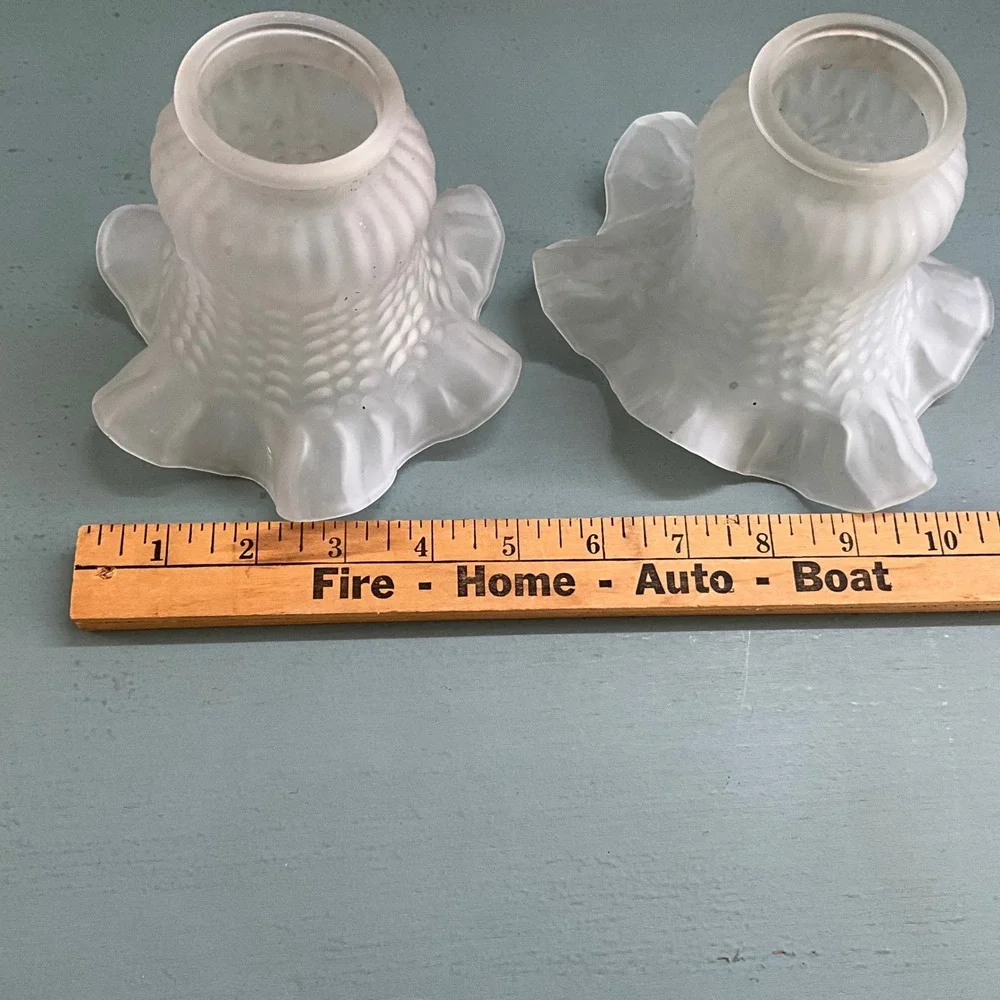 Vintage Frosted Glass Ruffled Tulip Lamp Shades Hobnail Set of 2 White 2.25 In
